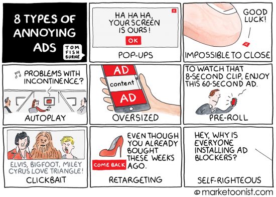 8 Types of Annoying Ads cartoon | Marketoonist | Tom Fishburne