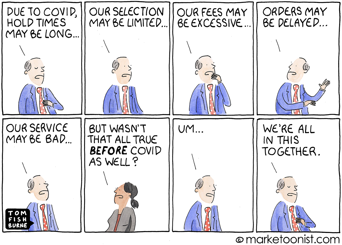 "Covid Brand Excuses" cartoon