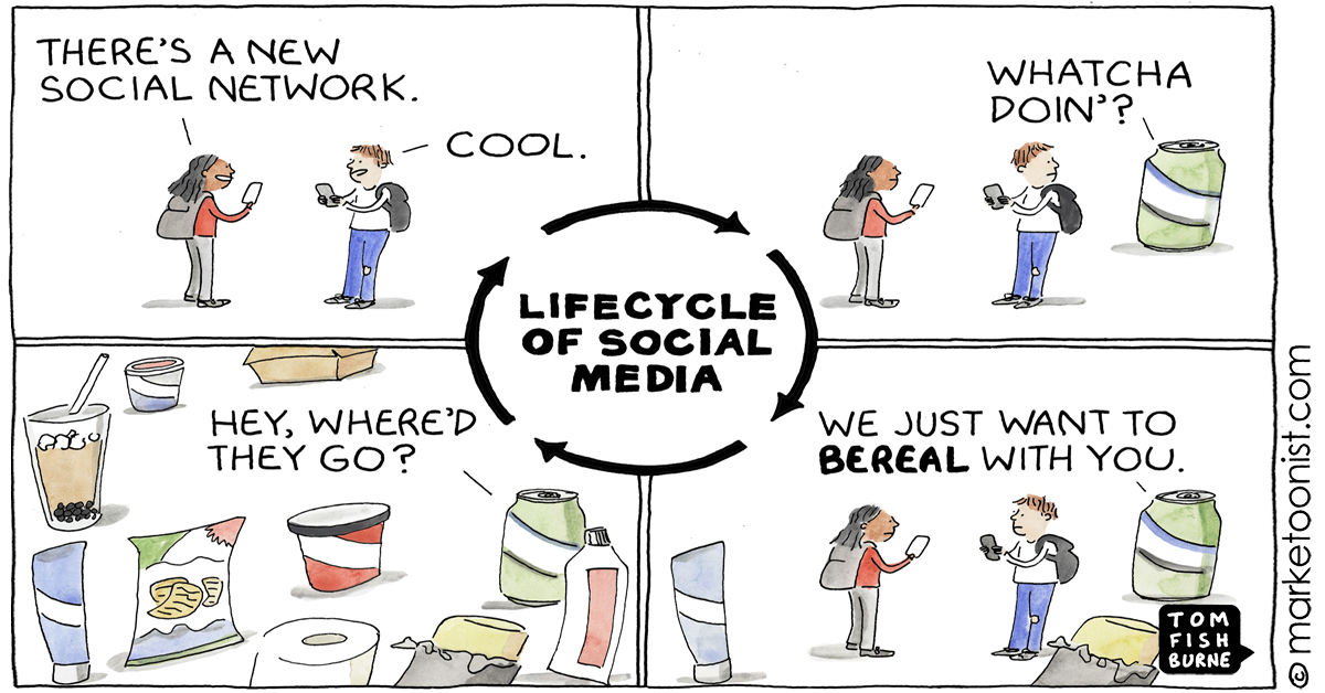 Lifecycle of Social Media cartoon - Marketoonist | Tom Fishburne