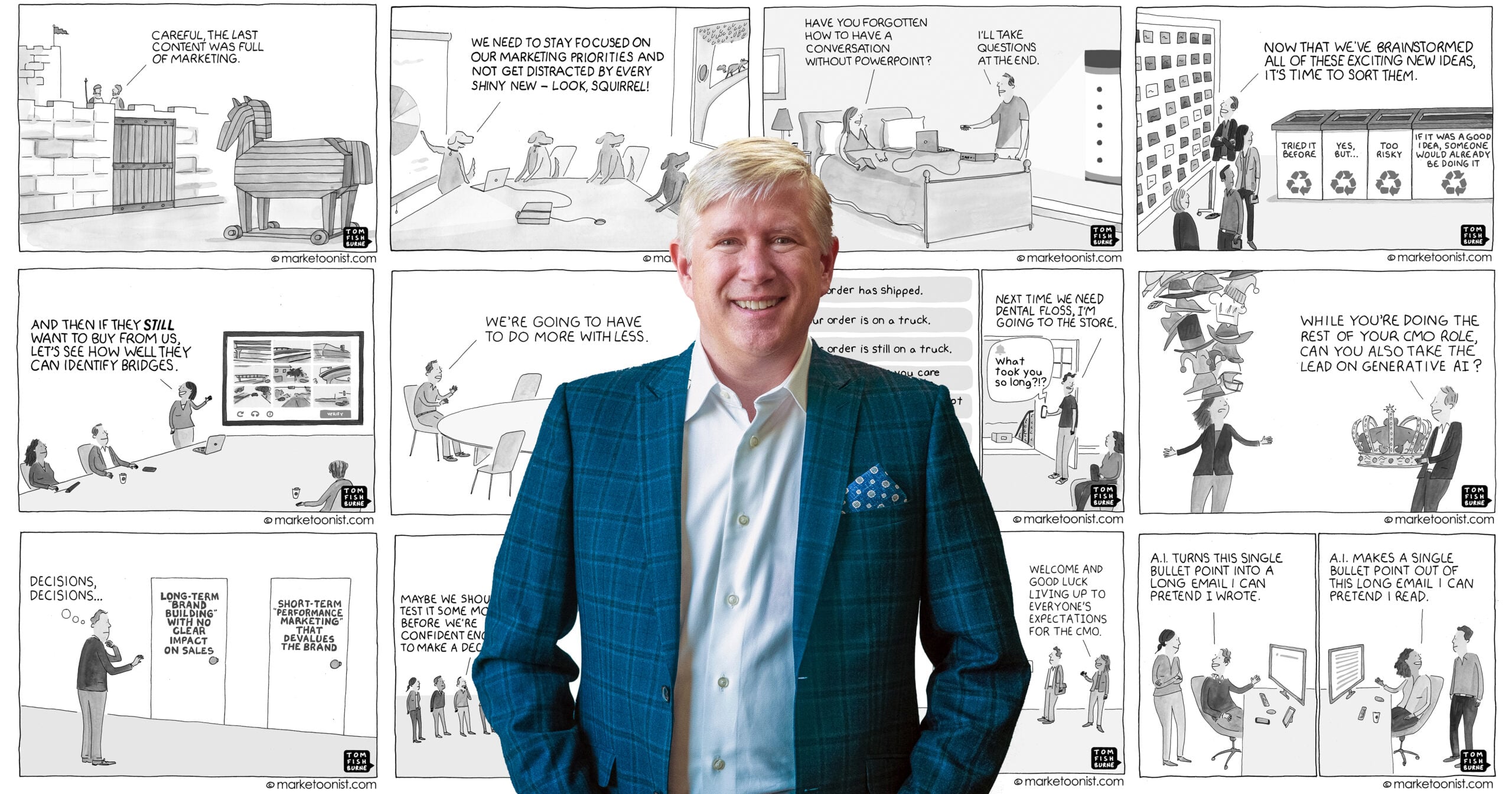 Tom Fishburne in front of a wall of cartoons